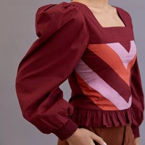 Anthropology “Love the Label” Smocked Puff Sleeve Chevron Top - XS